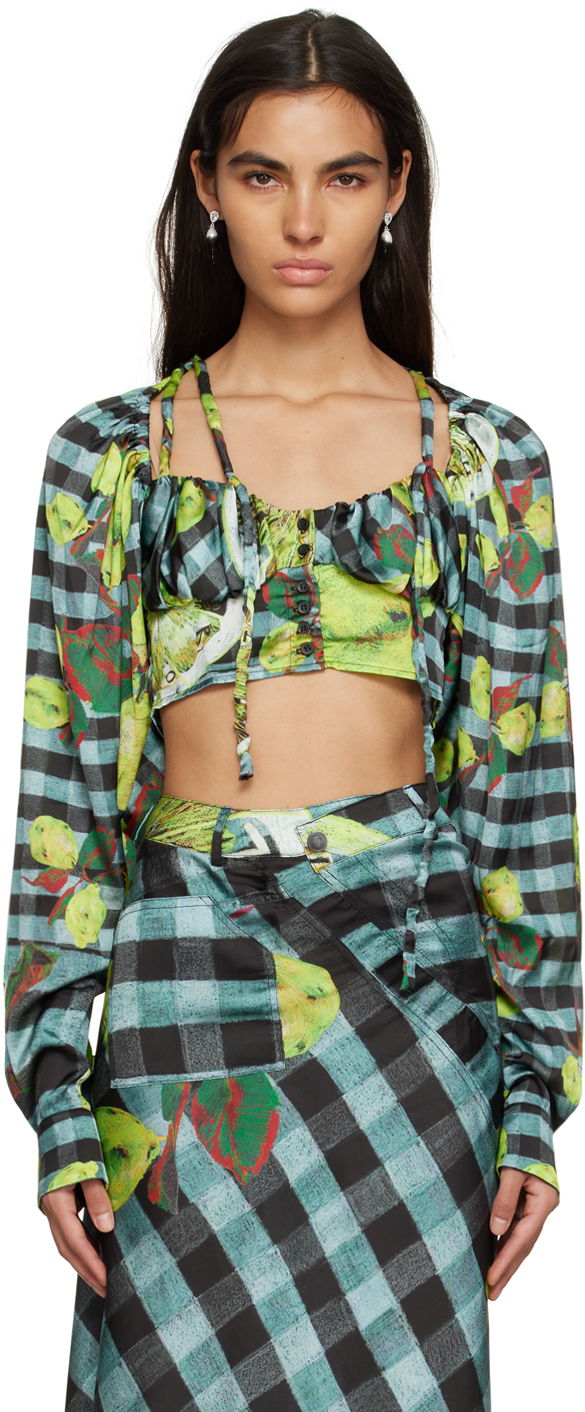 Crop top Ottolinger Ottolinger Lemon Gingham Tie-Front Crop Top Zelena | 1101204