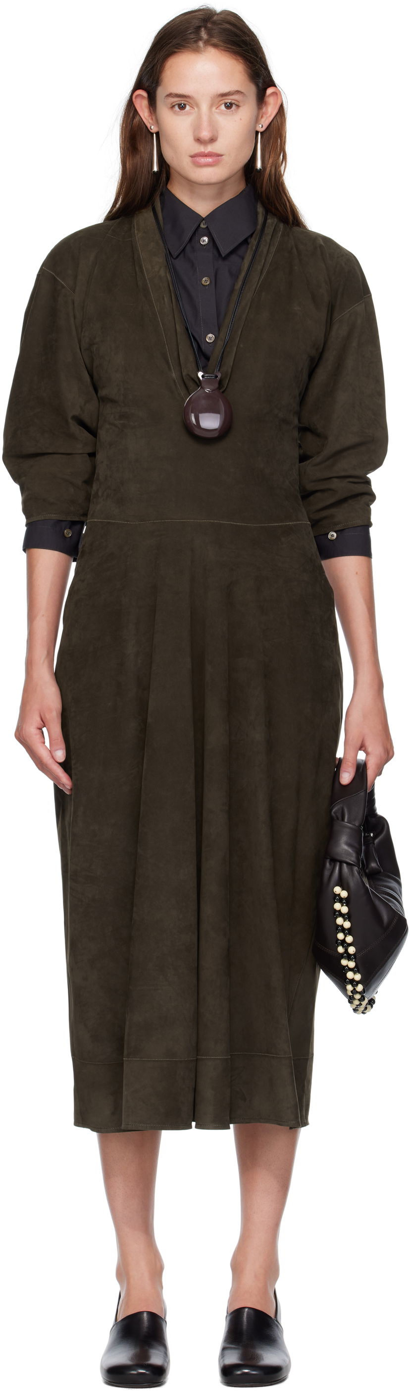 Haljina LEMAIRE Lemaire V-Neck Nubuck Midi Dress Zelena | DR1122 LL0148