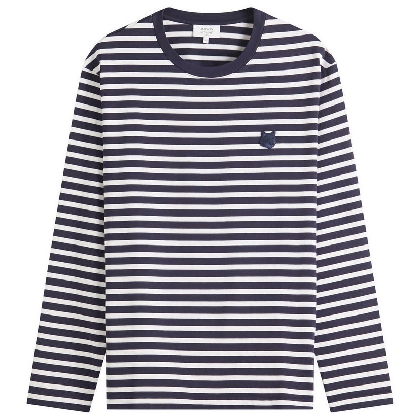 Majica kratkih rukava MAISON KITSUNÉ Maison Kitsuné Fox Head Patch Mariner Striped Long Sleeve T-Shirt Tamnoplava | OM00125KJ0044-S481