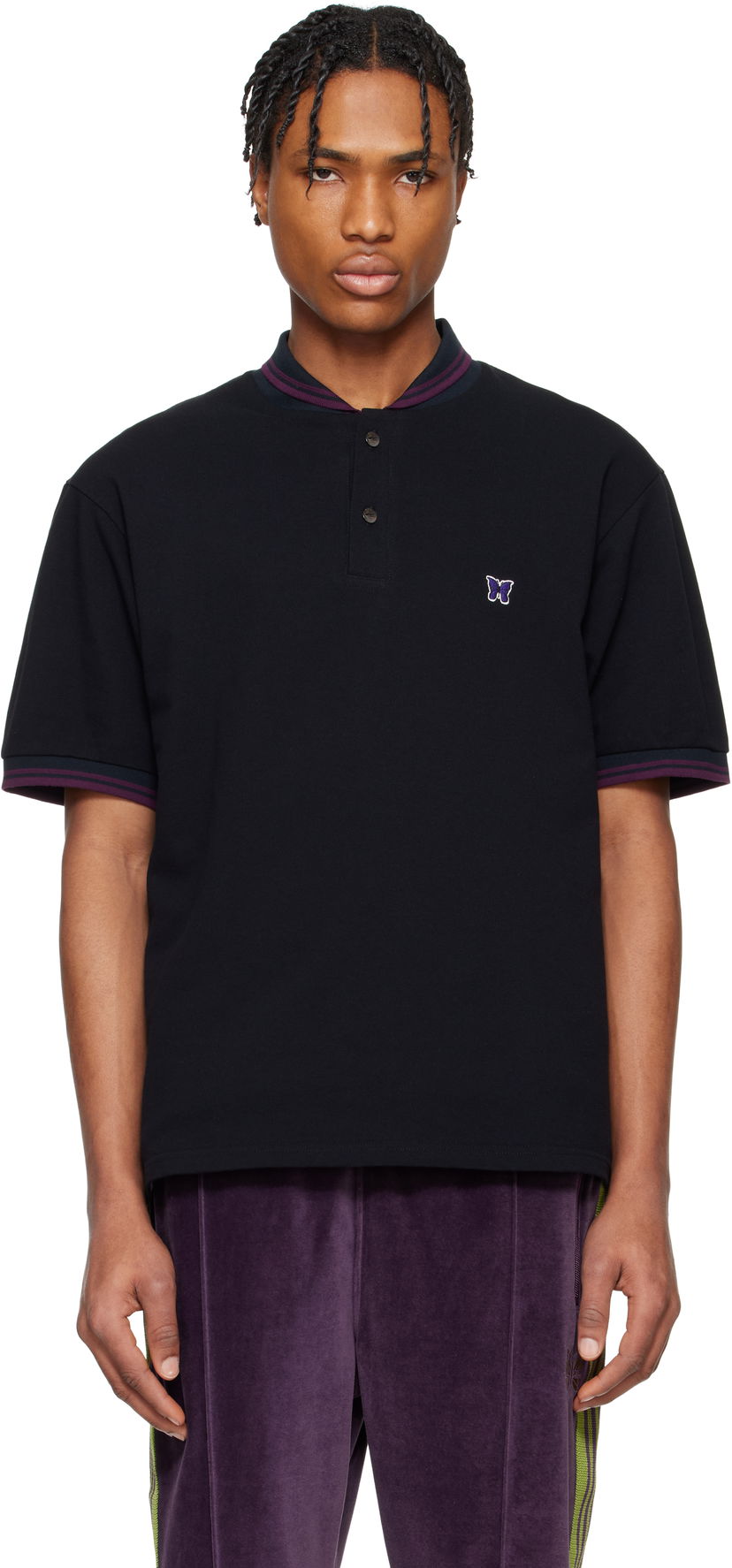 Polo majica Needles Needles Shawl Collar Polo Crna | QV354