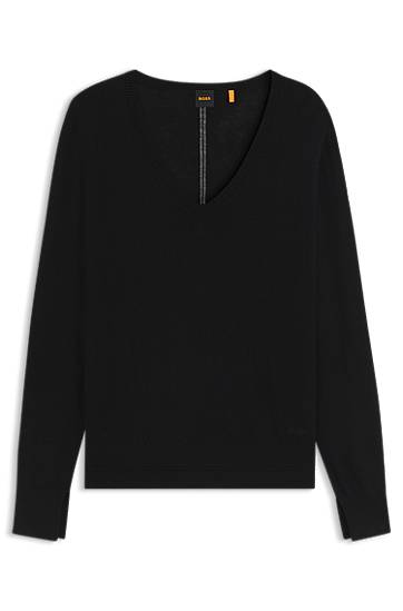 Džemper BOSS V-Neck Sweater with Openwork Detail Crna | 50543956
