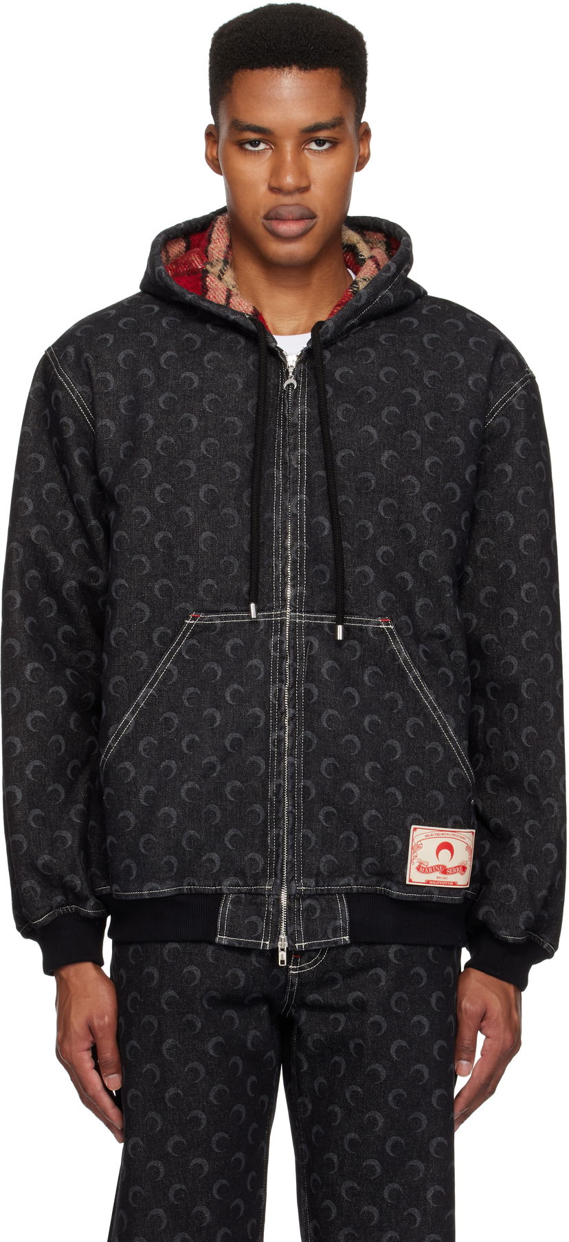 Dukserice Marine Serre Padded Denim Jacket With Hood Crna | MJA071A RDEN0001