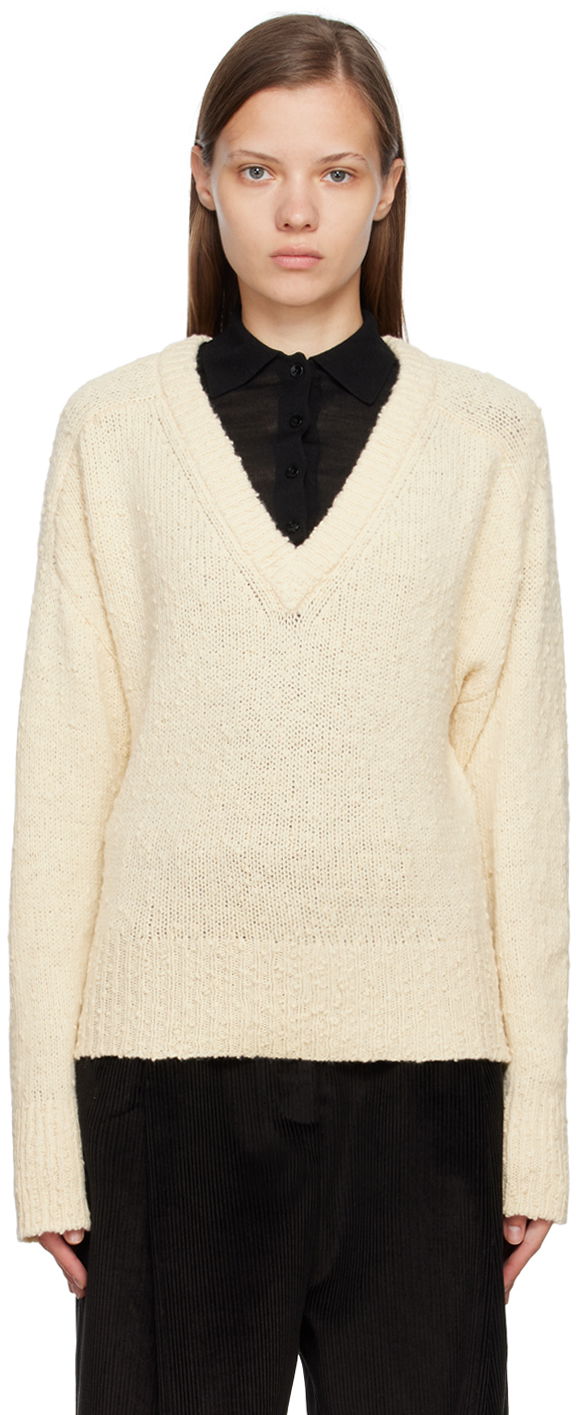 Džemper TOTEME Textured Knit V-Neck Sweater Bijela | 224-5106-324