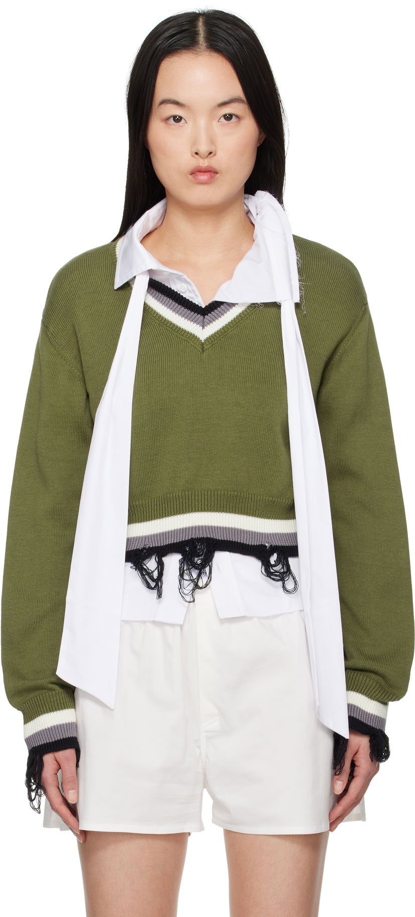 Džemper Ottolinger Ottolinger Cropped V-Neck Sweater Zelena | 10710150701