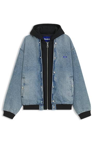Bomber jakna BOSS HUGO Denim Bomber Jacket with Hooded Jersey Panel Plava | 50541735