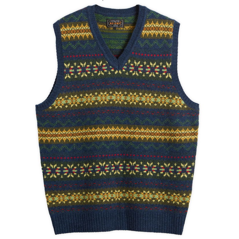 Džemper BEAMS Plus Fair Isle Knit Vest Tamnoplava | 3805-0055-103-79