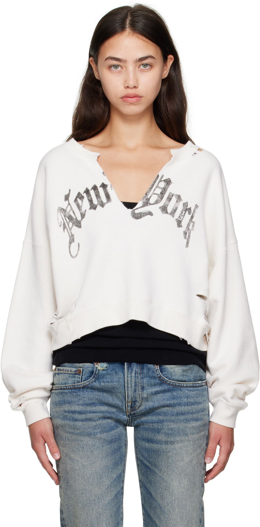 Dukserice R13 R13 Cropped Front Slit 'New York' Sweatshirt Bijela | R13WK251-K099B
