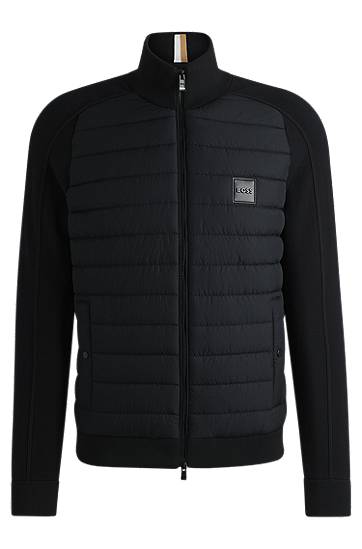 Pernata jakna BOSS BOSS Mixed-Material Zip-Up Jacket with Logo Badge Crna | 50526835