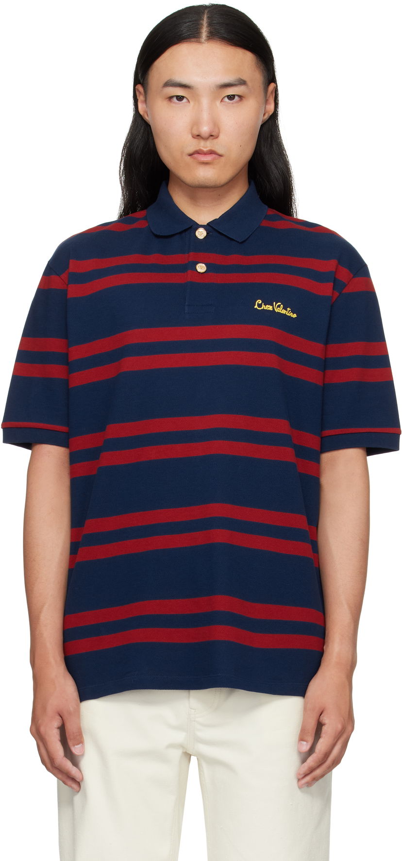 Polo majica Valentino Valentino 'Chez Valentino' Cotton Piqué Polo Tamnoplava | 7V3MH04CAYN