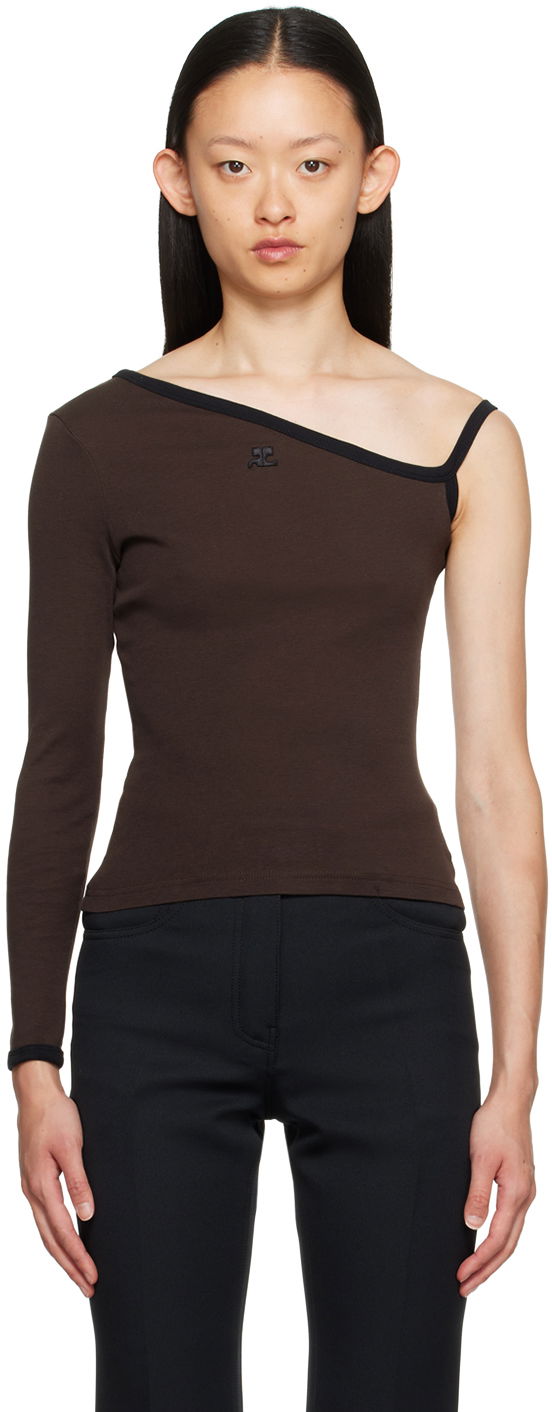 Majica kratkih rukava Courrèges Single-Shoulder Slim-Fit T-Shirt Smeđa | 323JTO209JS0070