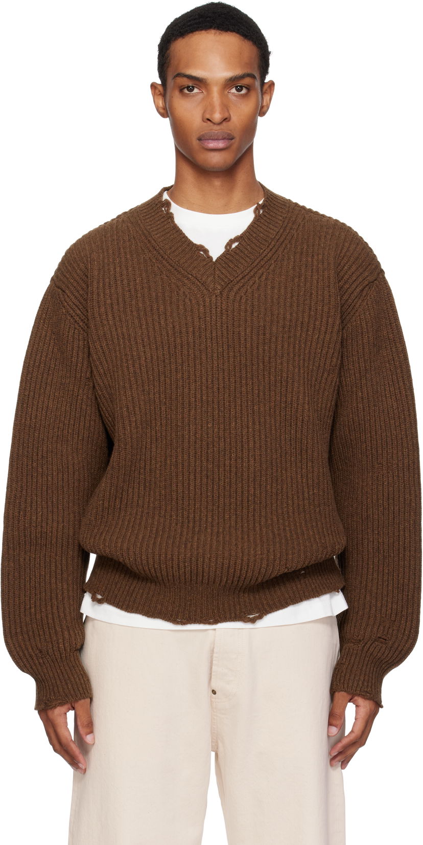 Džemper Maison Margiela MM6 Maison Margiela Ribbed Wool Knit V-Neck Sweater Smeđa | SH0HN0003 M13138