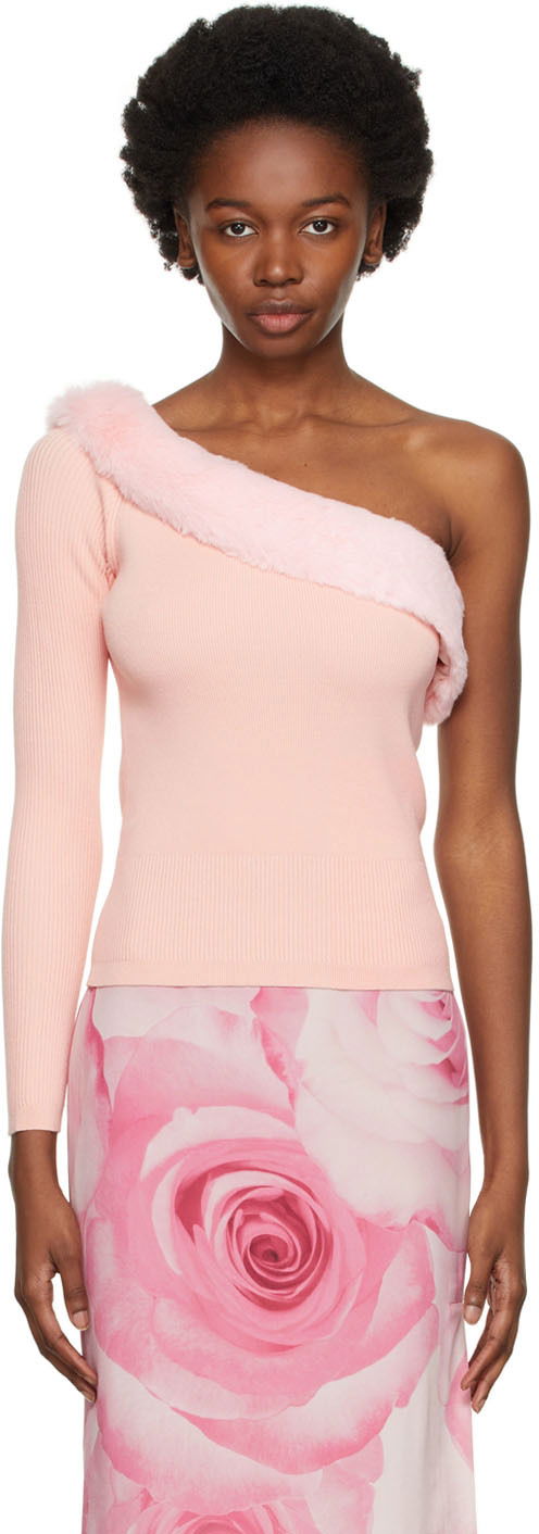 Džemper Blumarine One Shoulder Faux Fur Trimmed Sweater Ružičasta | 2M181A