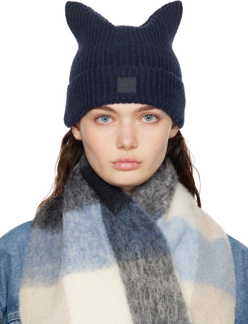 Kapica Acne Studios Acne Studios Knit Cat-Ear Beanie with Face Logo Tamnoplava | C40392-