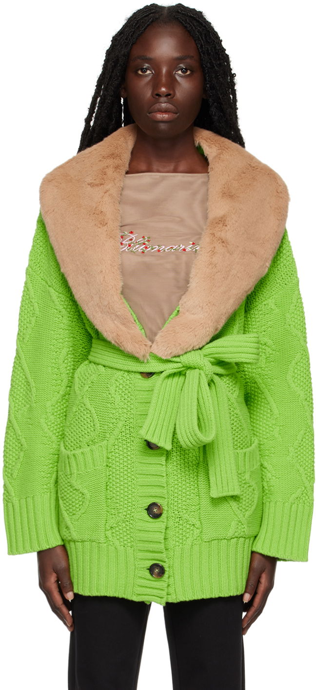 Jakna Blumarine Faux Fur Collar Cable Knit Cardigan Zelena | 2 M220A