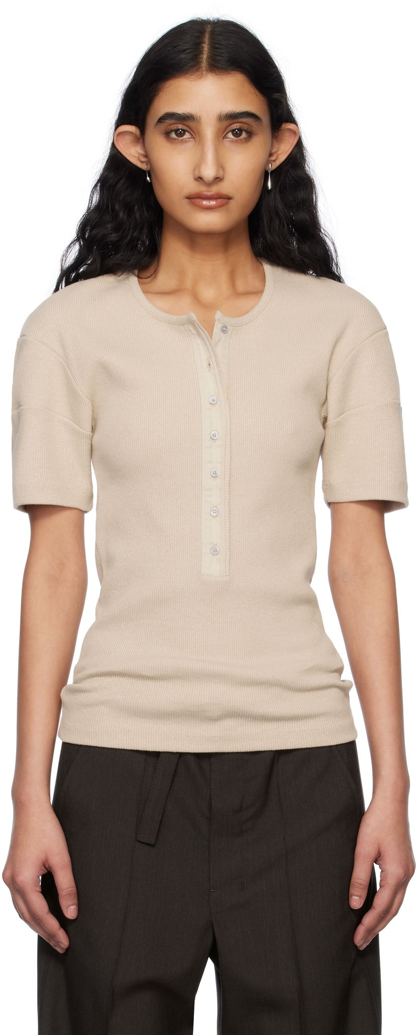 Majica kratkih rukava LEMAIRE Lemaire Fitted Henley T-Shirt Bež | TO1350 LJ1030