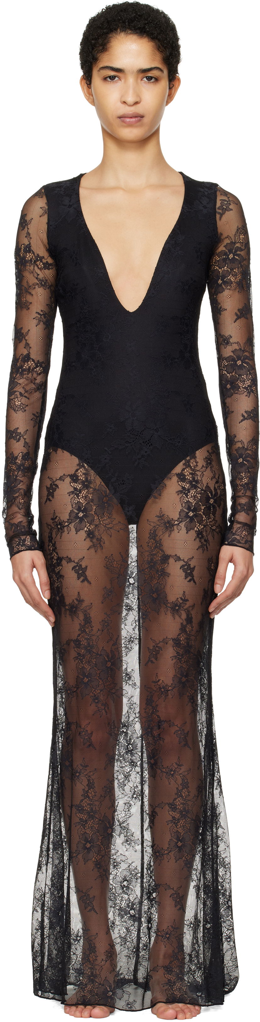 Haljina SKIMS SKIMS Ultra Fine Lace Plunge Maxi Dress Crna | DS-DRS-6473W