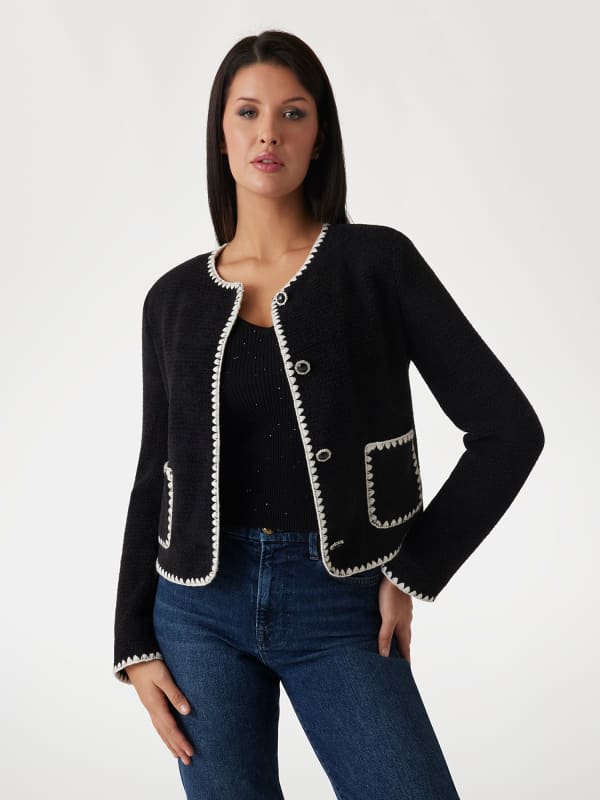 Džemper GUESS Guess Cropped Knit Jacket with Contrast Trim and Patch Pockets Crna | W5RN20WGVQ2