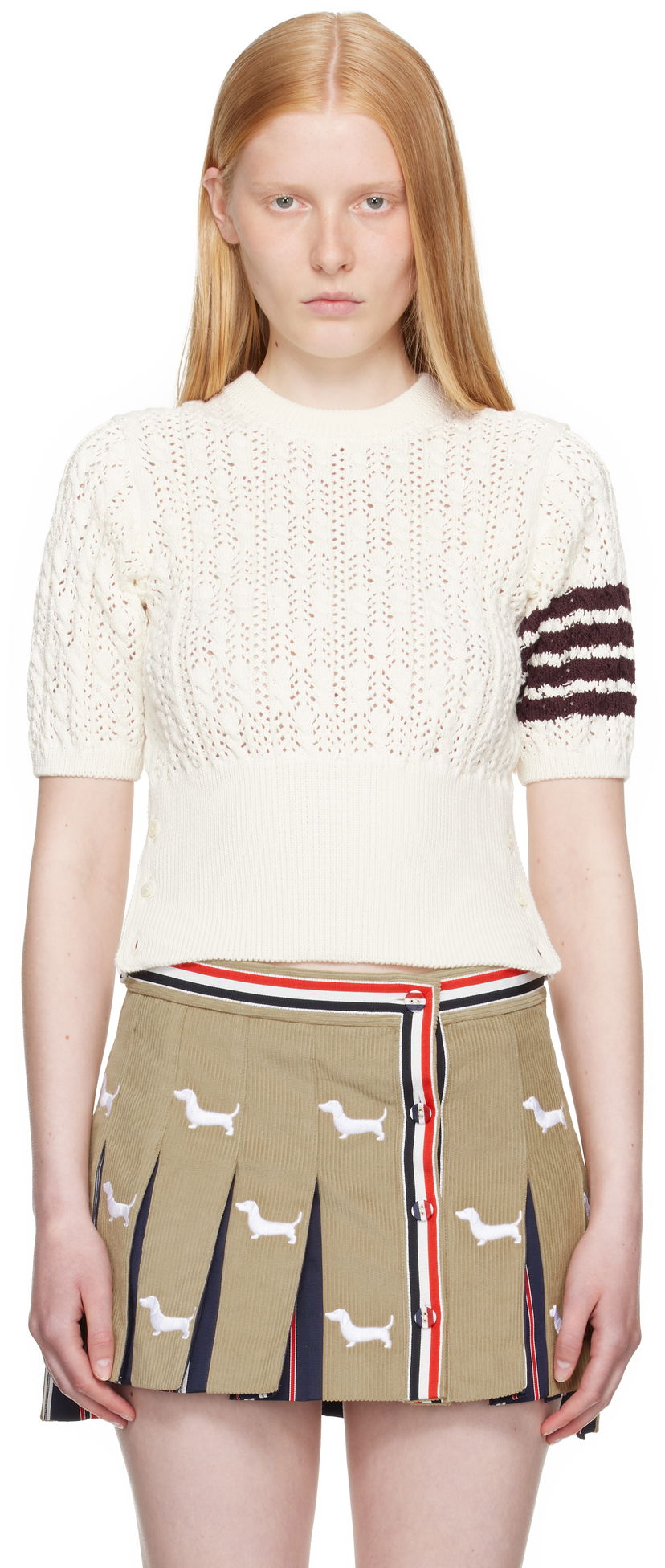 Džemper Thom Browne Thom Browne Pointelle Cable Stitch 4-Bar Sweater Bijela | FKA495A-Y3017