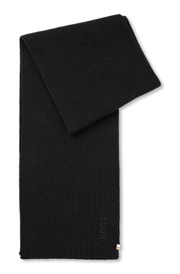 Šal BOSS Ribbed Cotton-Blend Scarf with Logo Detail Crna | 50522441