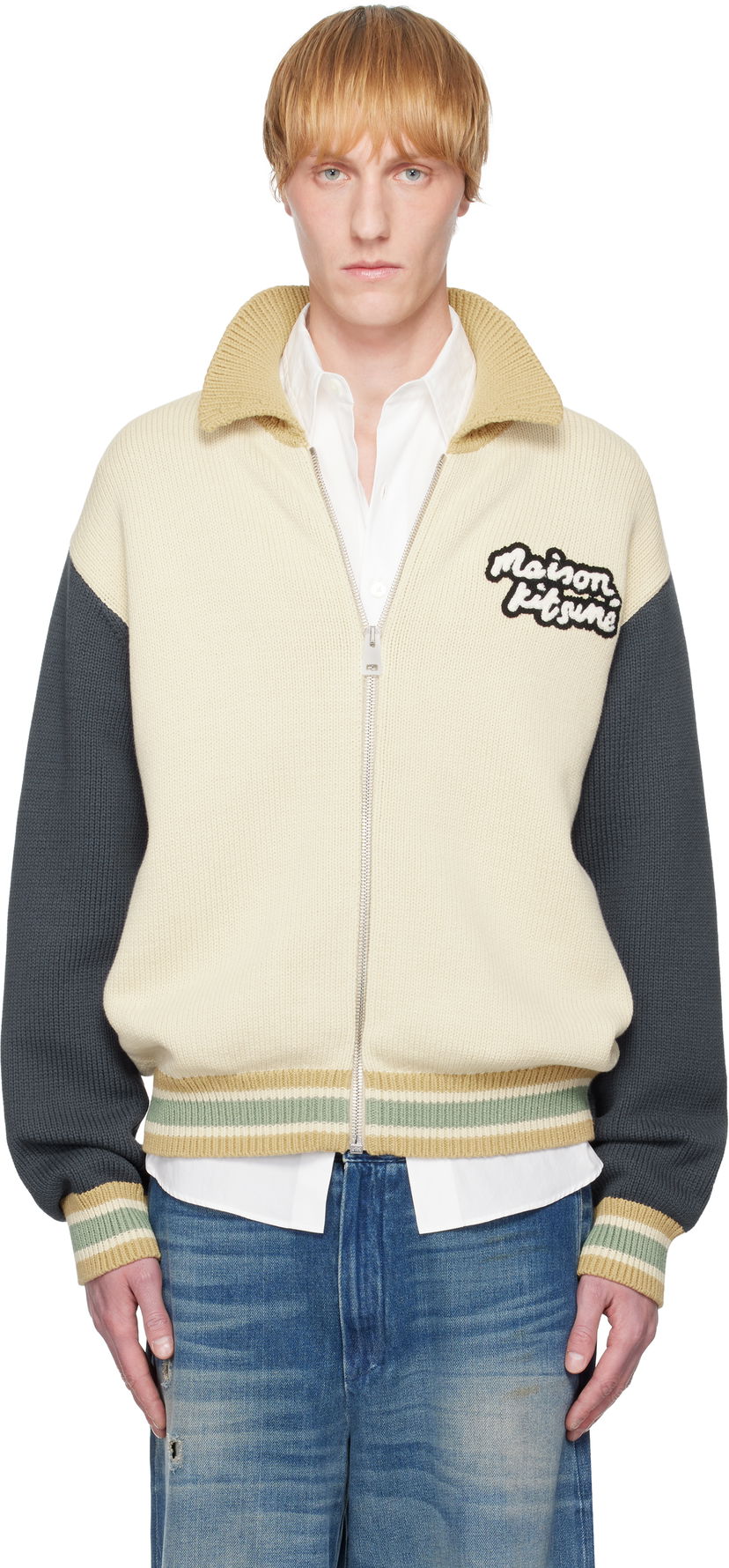 Džemper MAISON KITSUNÉ Maison Kitsuné Knitted College Bomber Jacket Bež | OM02131KT1139
