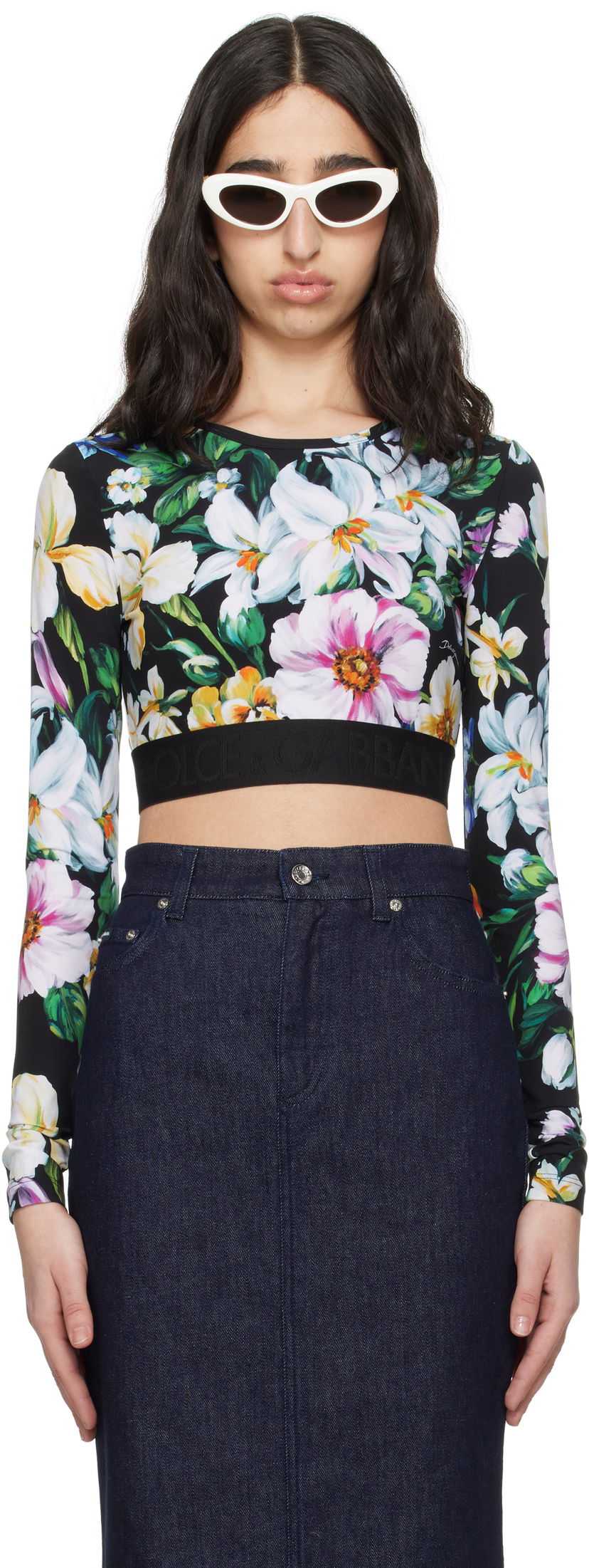Crop top Dolce & Gabbana Dolce&Gabbana Floral Print Activewear Crop Top Crna | F8N51T FSG8L