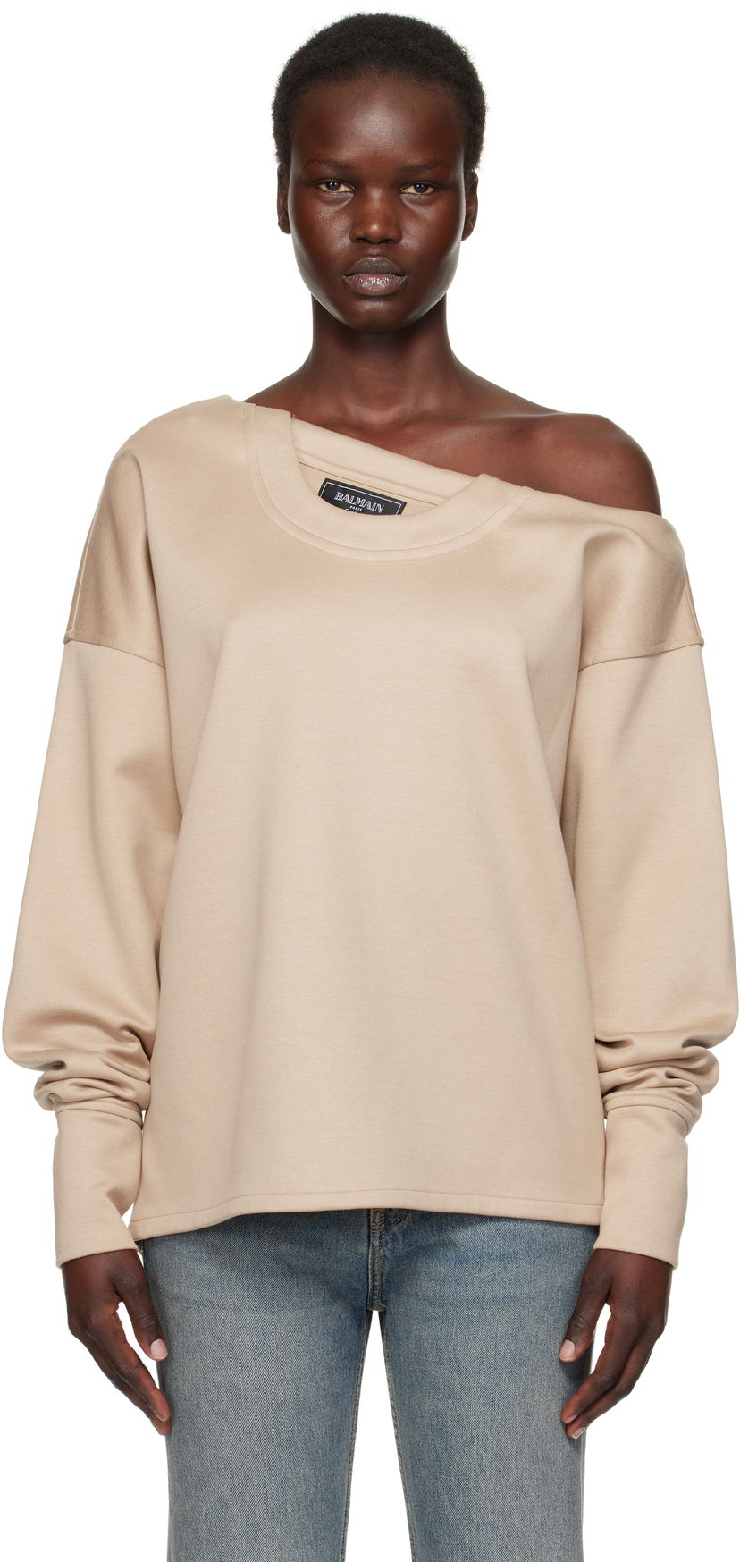Džemper Balmain Balmain Asymmetrical Jersey Off-The-Shoulder Sweatshirt Bež | EF1HU301JJ69