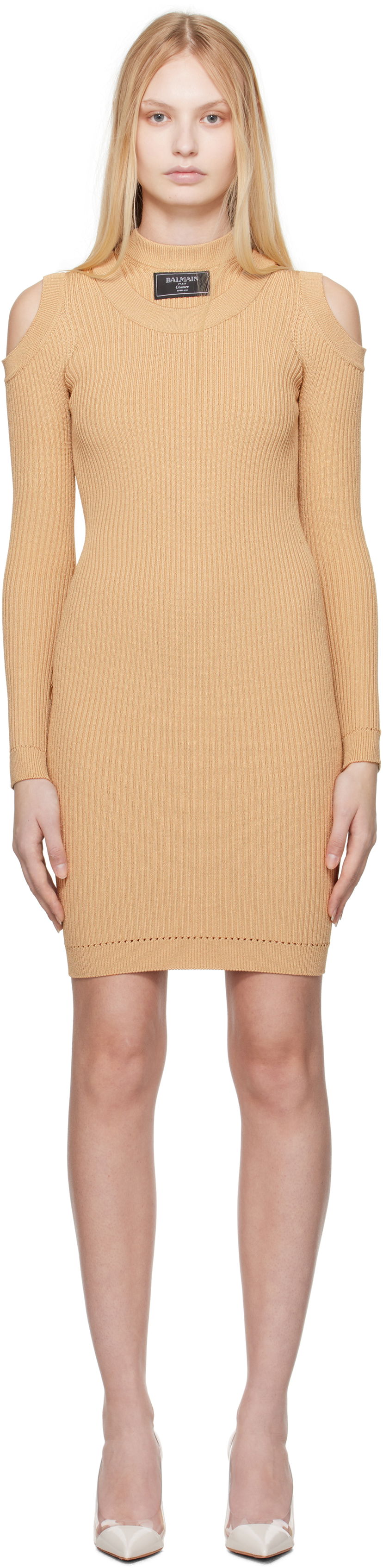 Haljina Balmain Balmain Shoulder Cut Knit Minidress Bež | EF1R8291KI10
