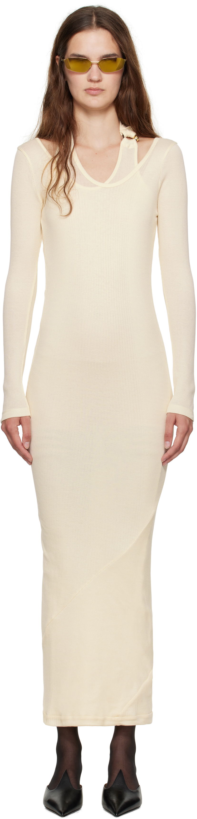 Haljina Jean Paul Gaultier Jean Paul Gaultier Ribbed Twisted Double Layer Midi Dress Bež | 25/03-W-DR014-J000-03
