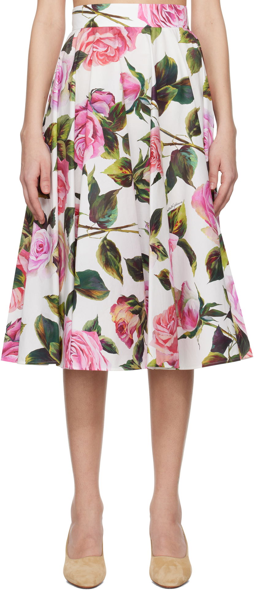 Suknja Dolce & Gabbana Dolce&Gabbana Rose-Print Cotton Circle Midi Skirt Bijela | F4C1XT HS5S4