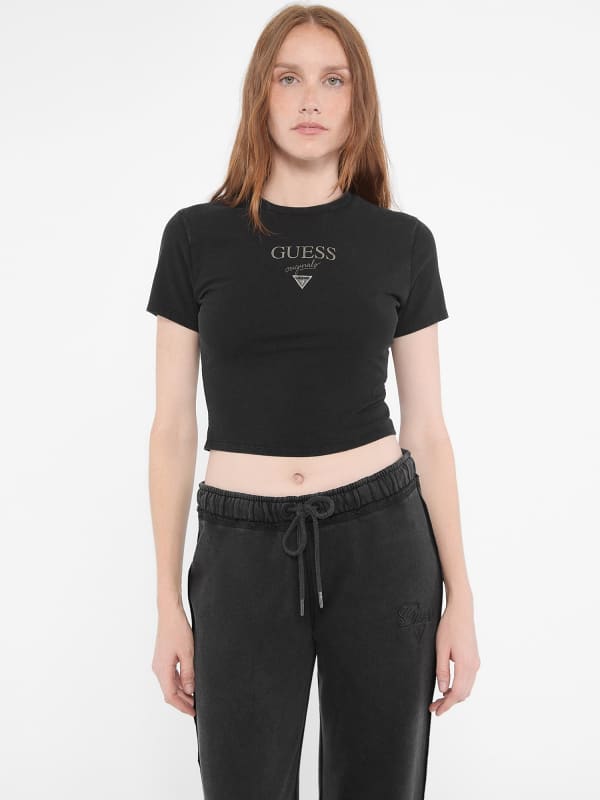 Crop top GUESS Triangle Logo Fitted T-Shirt Crna | W4BI05J1314