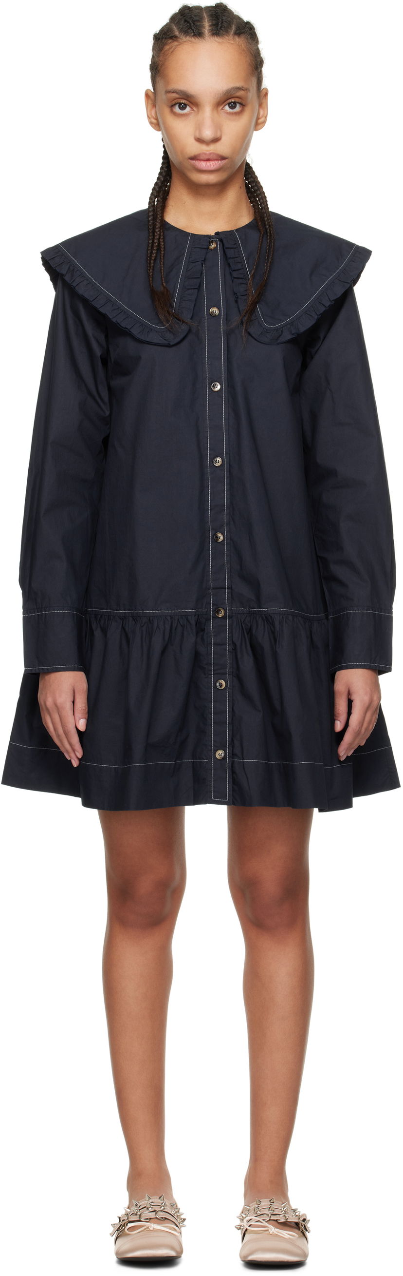 Haljina GANNI Ganni Ruffle Collar Drop Waist Minidress Tamnoplava | W0157