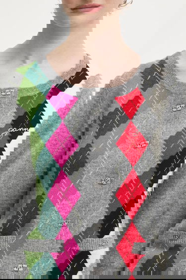 Džemper GANNI Multicolor Argyle Cashmere Wool Mix Round Neck Cardigan Višebojno | K2512, 3