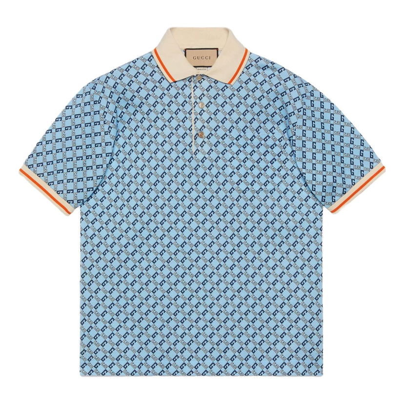 Polo majica Gucci Geometric Pattern Cotton Polo Shirt Plava | 742385-XJFGF-4311