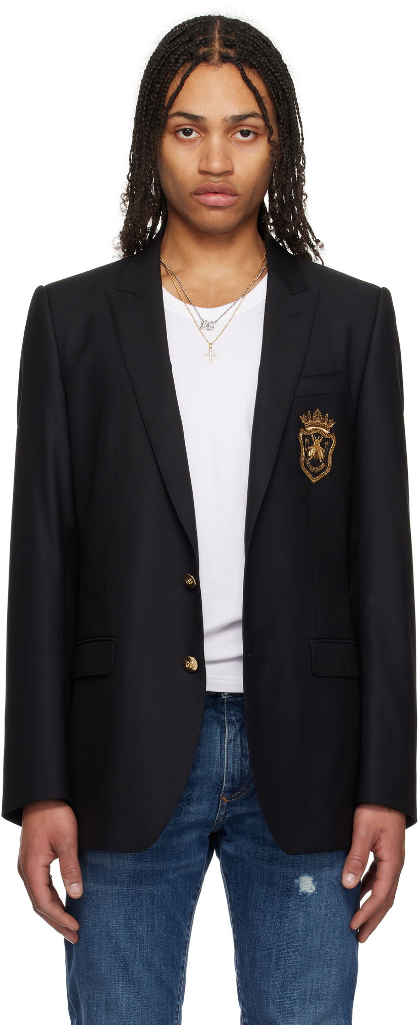 Jakna Dolce & Gabbana Dolce&Gabbana Single-Breasted Wool & Silk Blazer with Patch Crna | G2LK0ZFU3H1