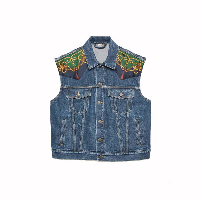Prsluk Gucci Silk Scarf-Panelled Denim Vest Blue Plava | 692269 XDBYH 4447