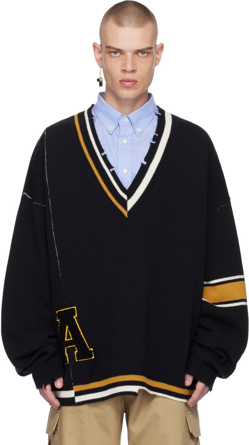 Džemper Ambush Destroyed Rib Knit V-Neck Sweater Crna | BMHD003F24KNI0011010