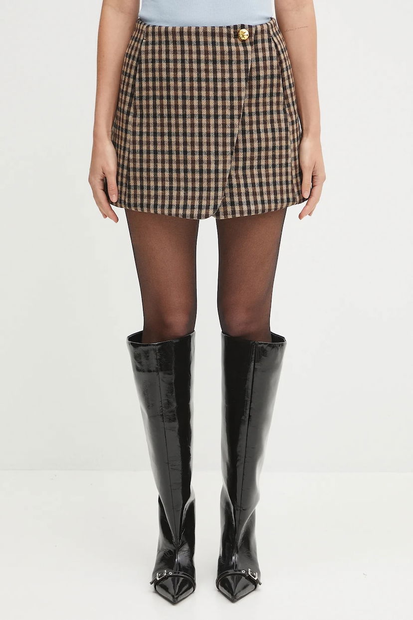 Suknja GANNI GANNI Check Wool Mix Mini Skirt Smeđa | W0655