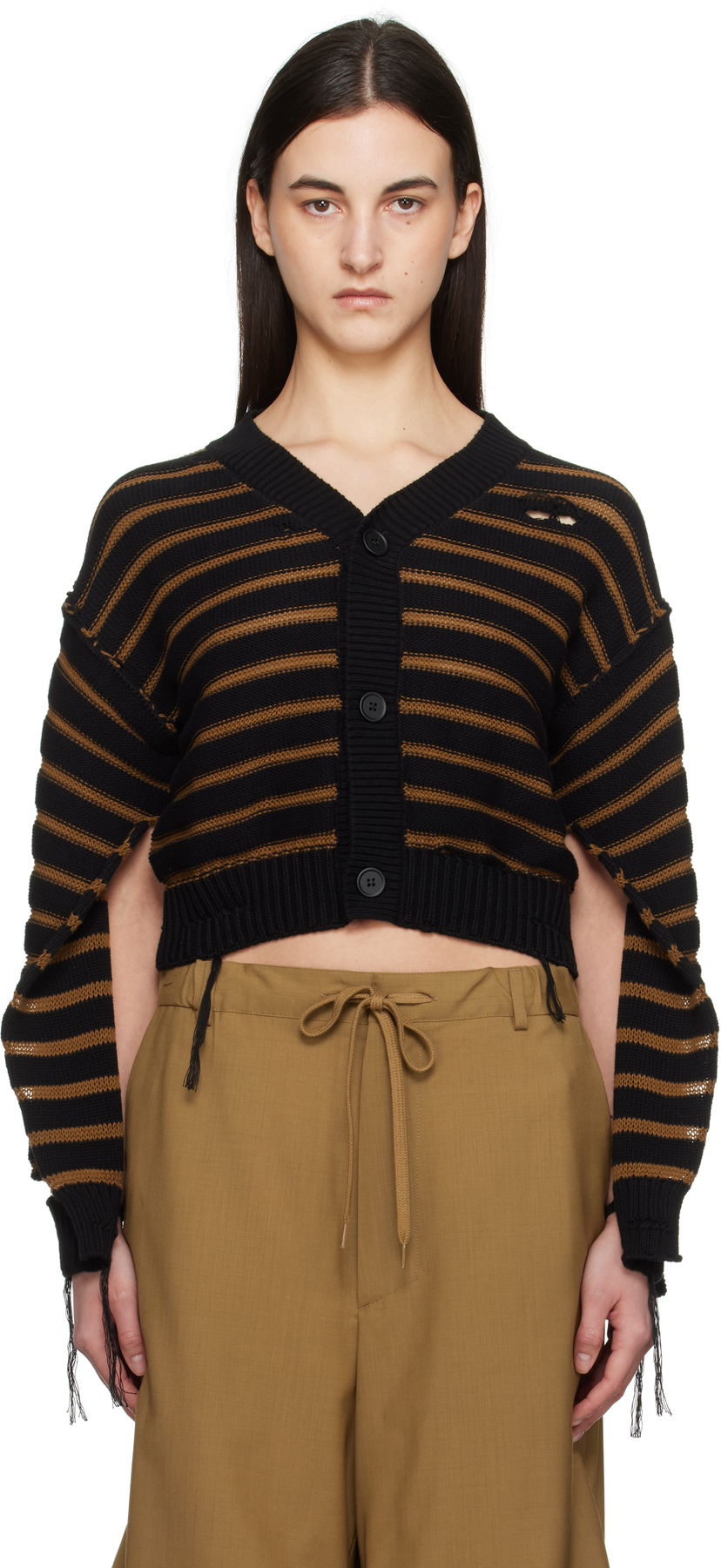 Džemper Maison Margiela MM6 Maison Margiela Striped Distressed V-Neck Cardigan Crna | S52HP0025 M13080