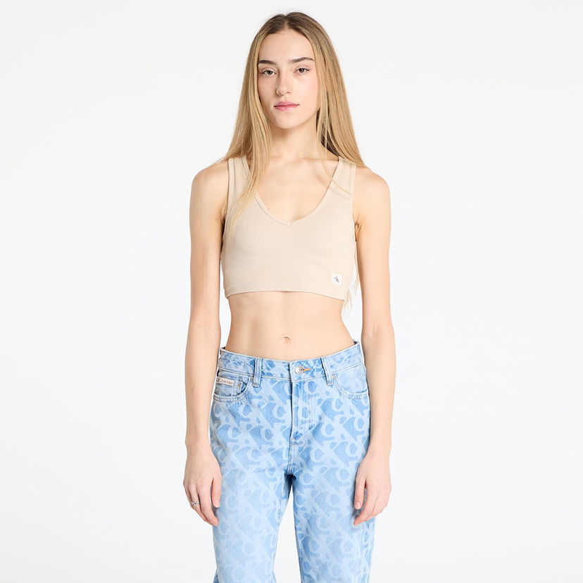 Majica bez rukava CALVIN KLEIN Calvin Klein Jeans Women's Beige Cropped Ribbed Tank Top Bež | J20J225246 AEA