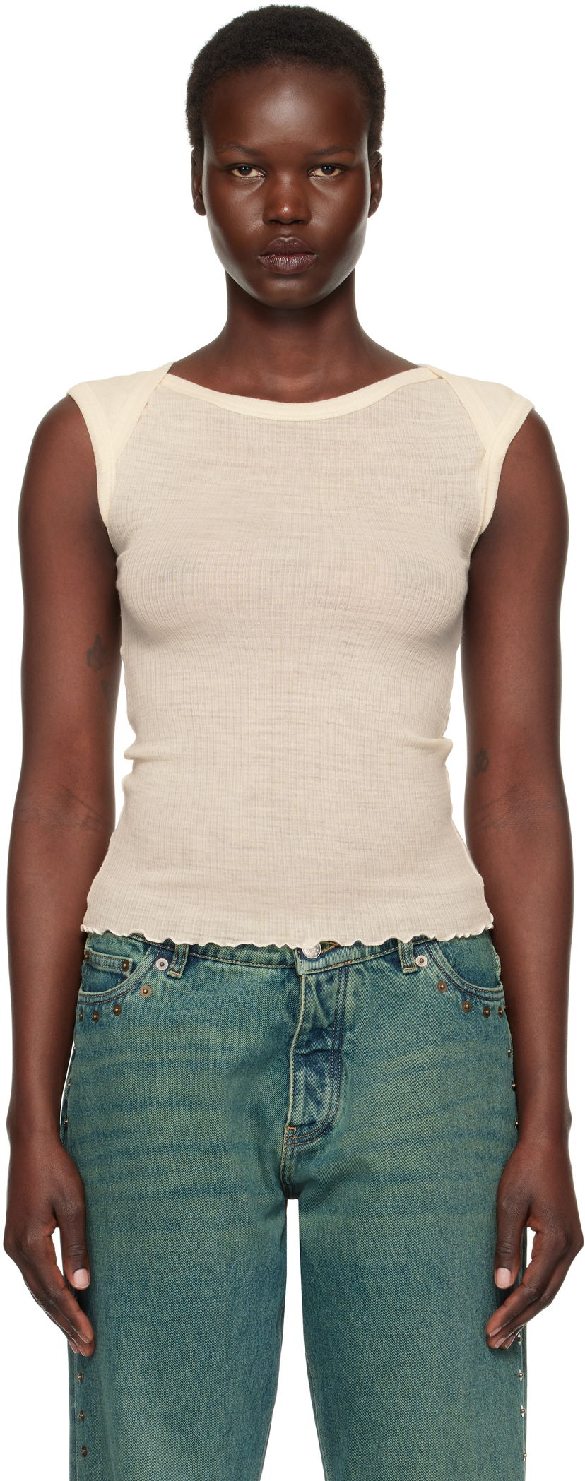 Majica bez rukava Baserange Ribbed Knit Cap Sleeve Tank Top Bež | TODI-WO-SP25