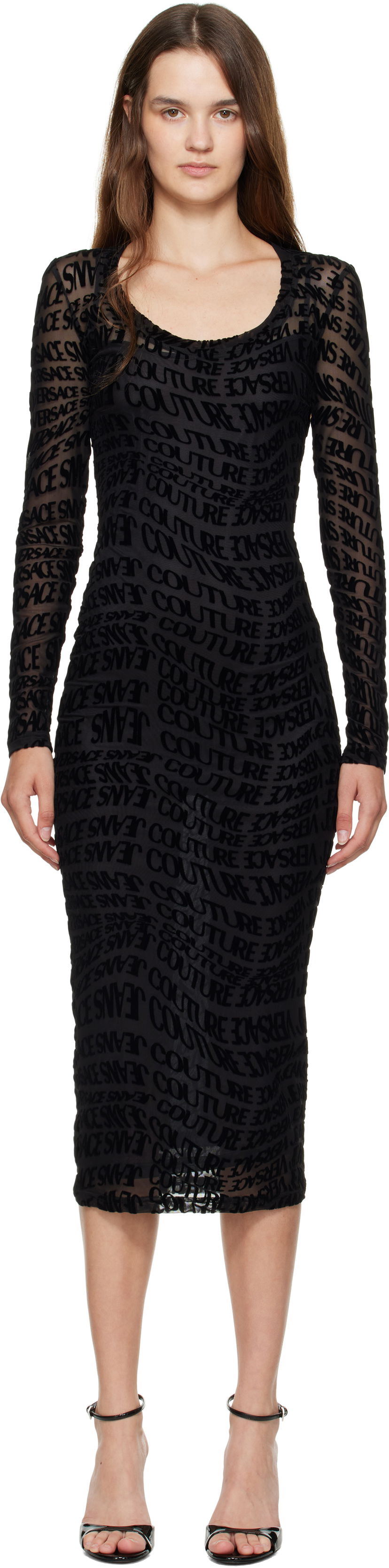 Haljina Versace Versace Jeans Couture Flock Liquify Tulle Midi Dress Crna | E79HAO920_EJS490