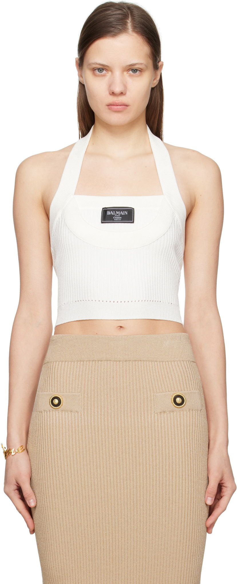 Suknja Balmain Balmain Ribbed Knit Halter Top Bež | EF1AA380KI10