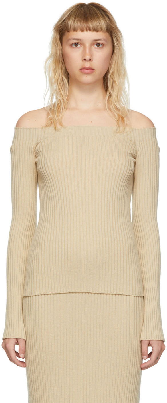Majica bez rukava CHLOÉ Off-the-Shoulder Ribbed Wool Sweater Bež | CHC22UMP11650