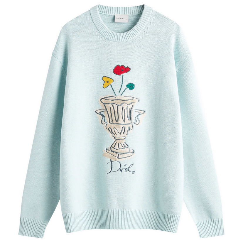 Džemper Drôle de Monsieur Crew Knit with Vase Embroidery Plava | F-PO174-WO023-LBE