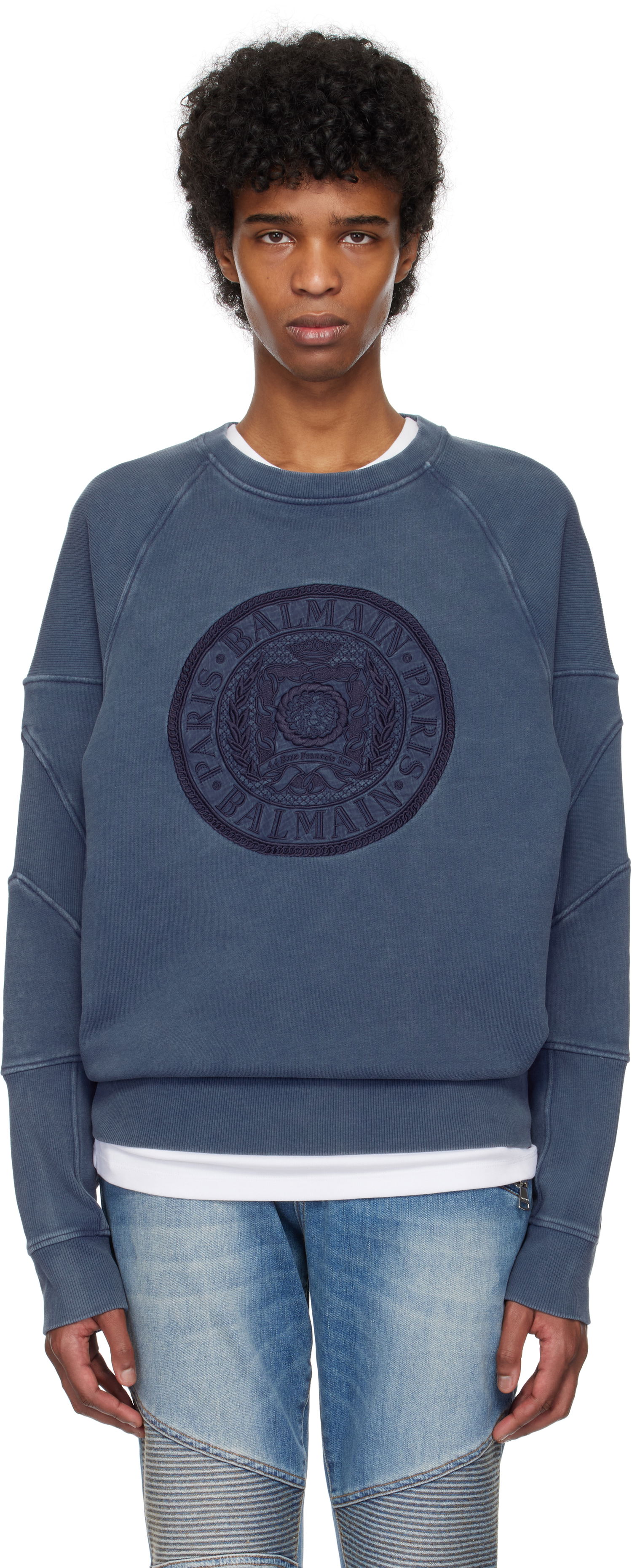 Džemper Balmain Balmain Ribbed Coin Embroidery Sweatshirt Plava | EH1JS007BC89, 0