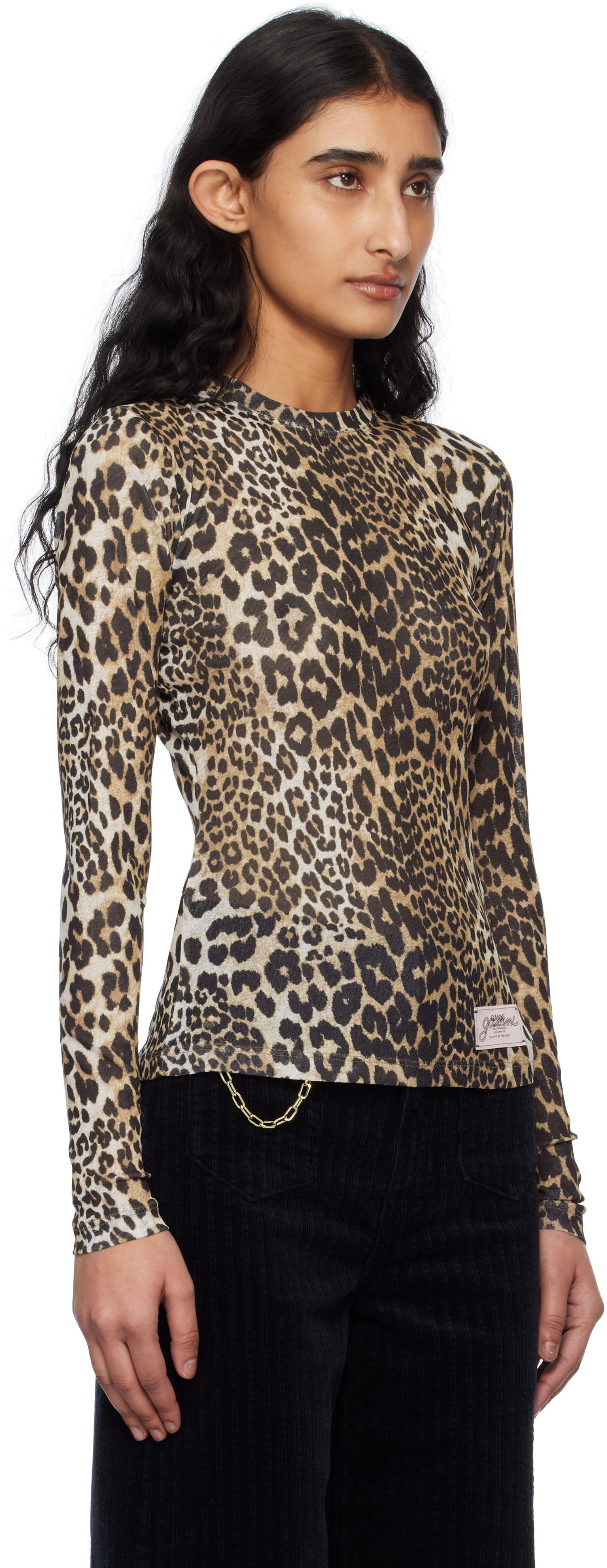 Majica kratkih rukava GANNI GANNI Leopard Print Long Sleeve T-Shirt Bež | T4208, 1