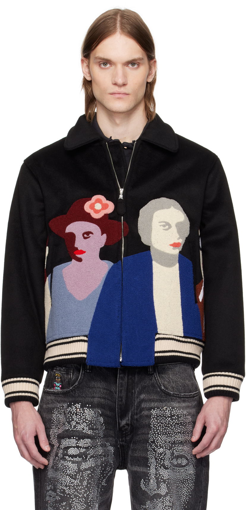 Bomber jakna KidSuper KidSuper Patchwork Portraits Wool Varsity Jacket Crna | SS25-OW-04