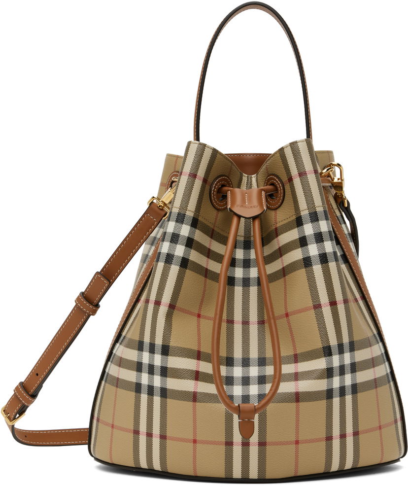 Ručna torbica Burberry Burberry Vintage Check & Leather Drawstring Bucket Bag Bež | 8109795