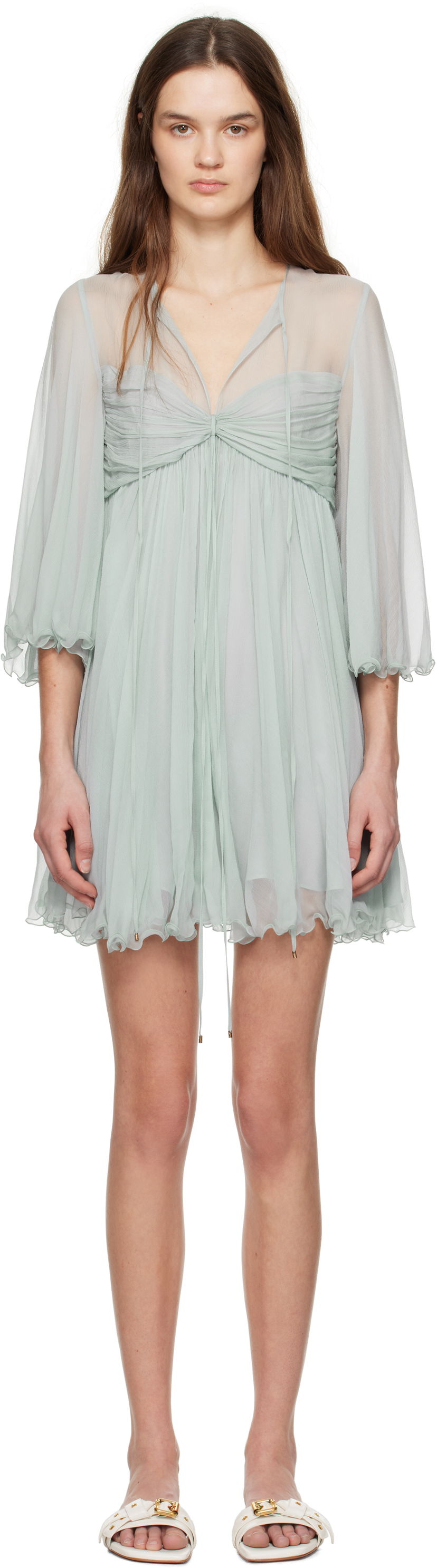 Haljina CHLOÉ Chloé Pleated Mini Dress Zelena | CH25SRO27116