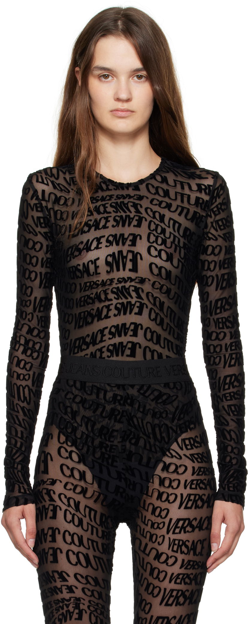 Body Versace Versace Jeans Couture Tulle Flock Liquify Bodysuit Crna | E79HAM221_EJS490